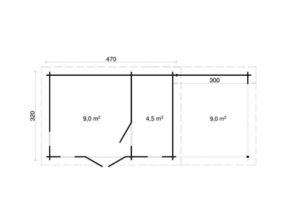 TENE Kaubandus Gartenhaus "Oriental 5" SD300, unbehandelt, 40 mm Wandstärke, 770x320 cm, mit Doppeltür und Überdachung