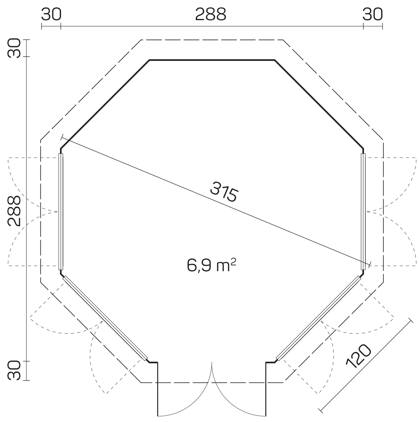 TENE Kaubandus Gartenhaus "LOUISE 4F", unbehandelt, 40 mm Wandstärke, 315 cm, mit Doppeltür und 4 Fenstern