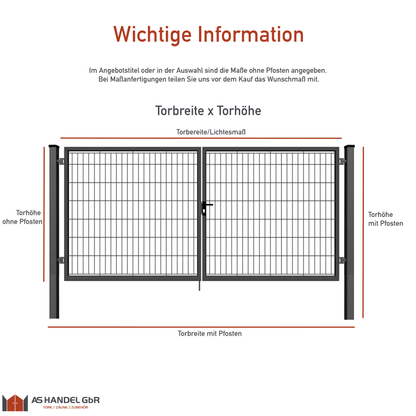 Gartentor — 2‑flügelig — Innenmaß Breite / Höhe frei wählbar — Anthrazit RAL 7016 — Lamellen Classic